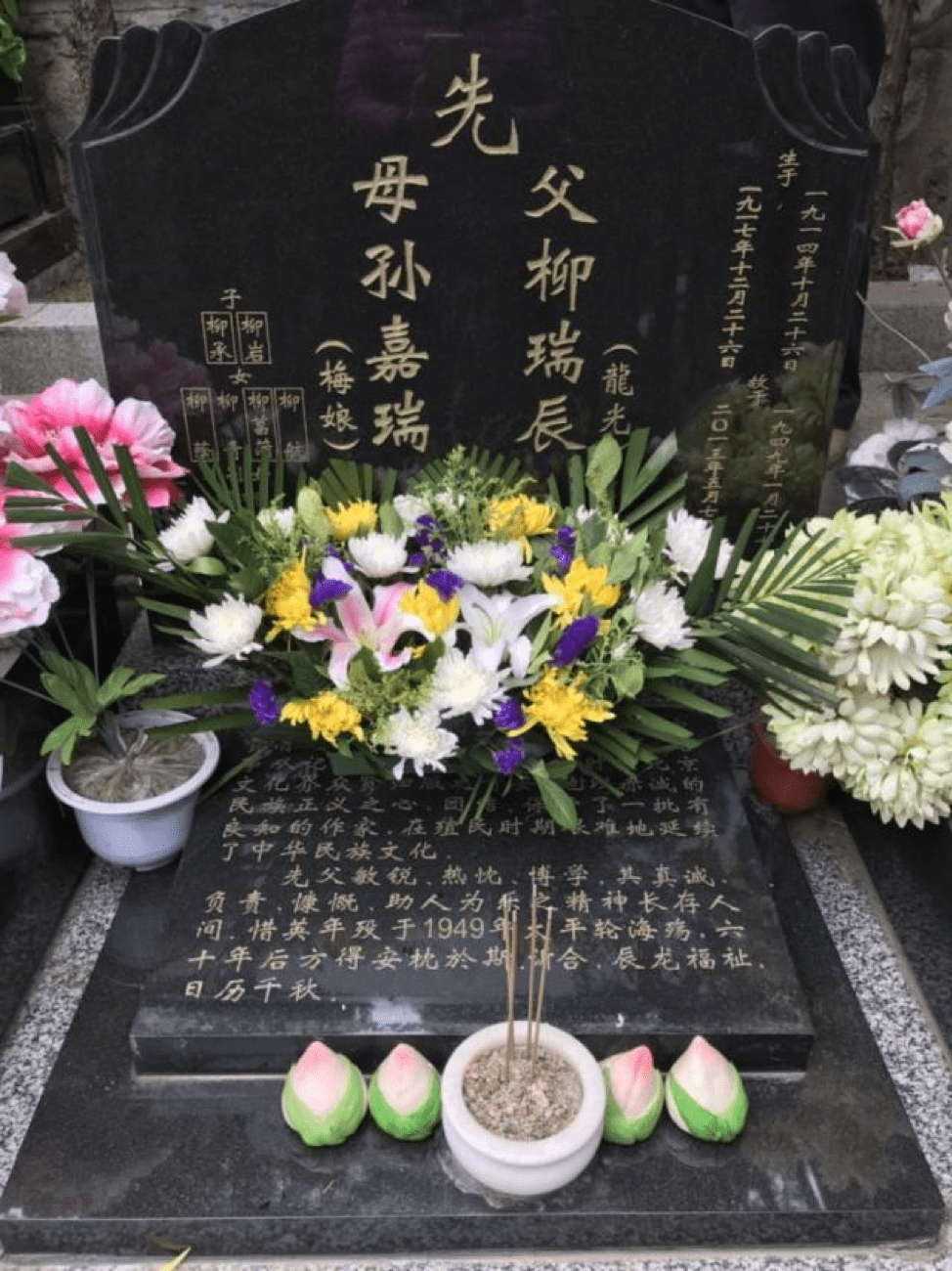 image of a grave decorated with colourful flowers