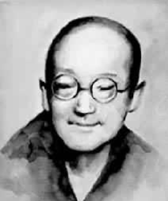 blurry black and white image of Yamada Yoshio wearing glasses